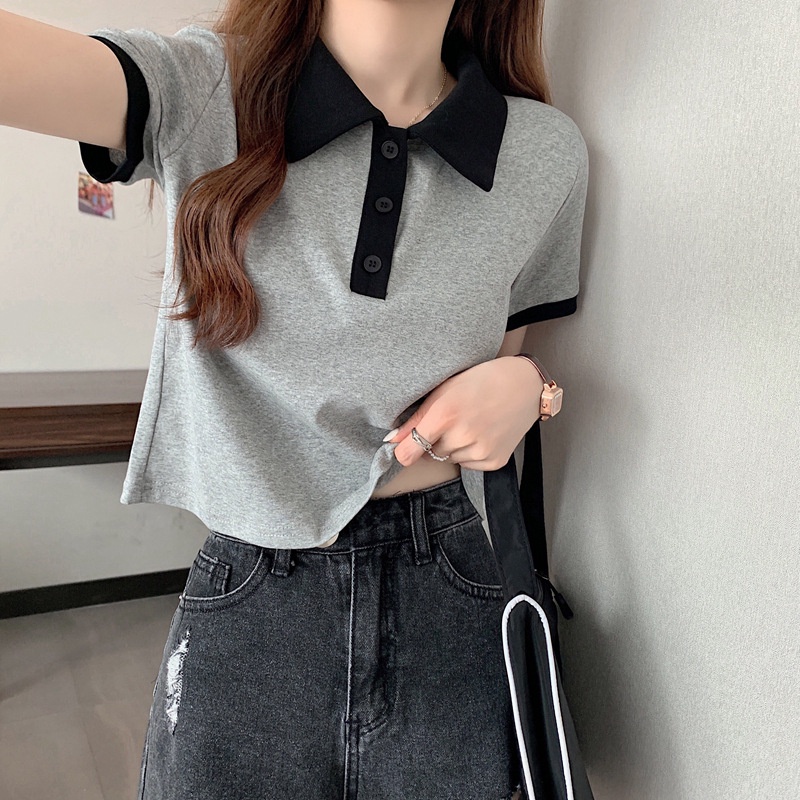 Áo thun polo IELGY tay ngắn cổ bẻ màu sắc tương phản thời trang đơn giản dành cho nữ