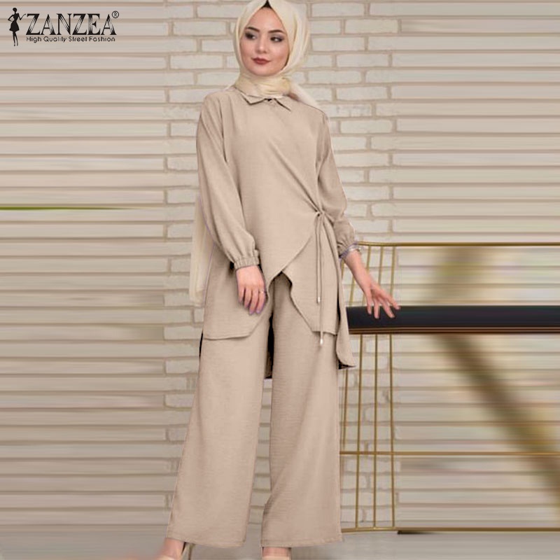 Bộ đồ ZANZEA gồm áo dài tay + quần dài phối túi phong cách Hồi Giáo thời trang cho nữ