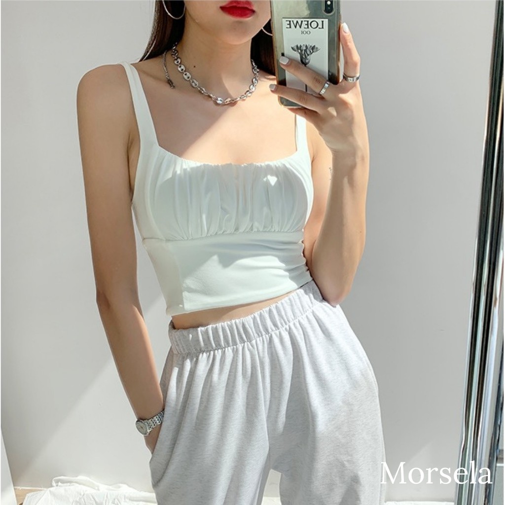 Áo 2 dây cổ U nhún ly ngực croptop , áo thun chất cotton co giãn tôn dáng Morsela