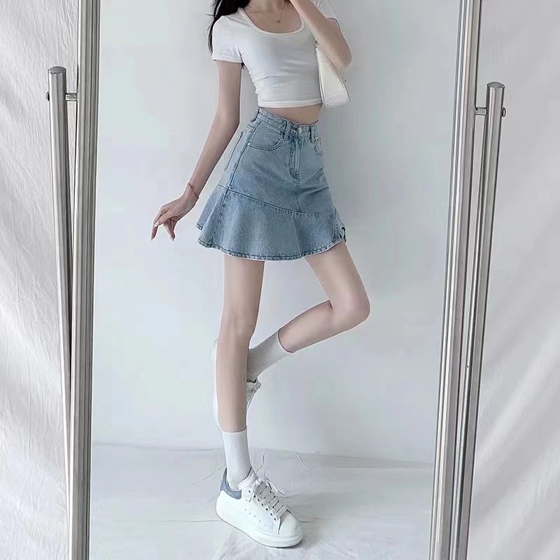 Chân váy SUXI jean chữ A lưng cao màu sắc đơn giản quyến rũ cho nữ