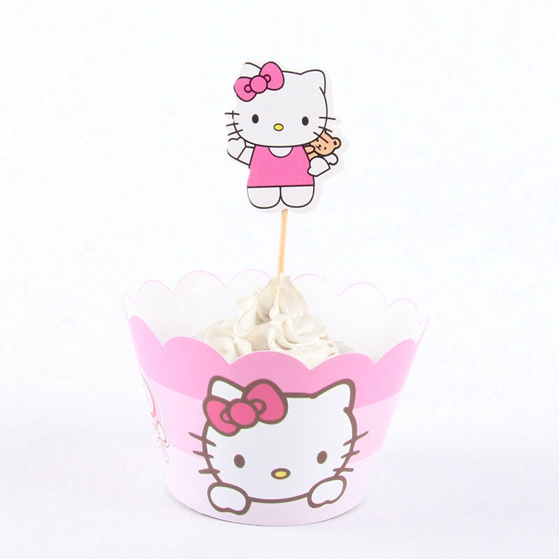 24pcs Happy Birthday Kitty Cupcake Wrappers Toppers