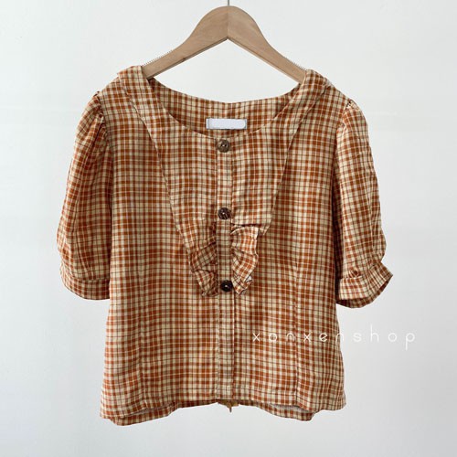 Áo kiểu caro cổ tròn bèo nút dễ thương Xonxen shop free size mã 34