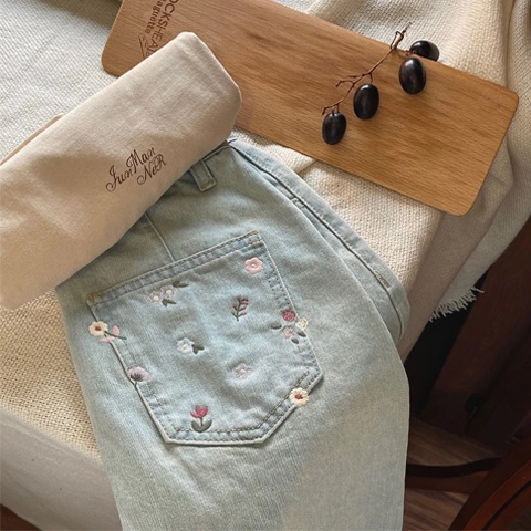 Chân váy jean SUXI chữ A lưng cao thêu hoa thời trang mùa hè cho nữ
