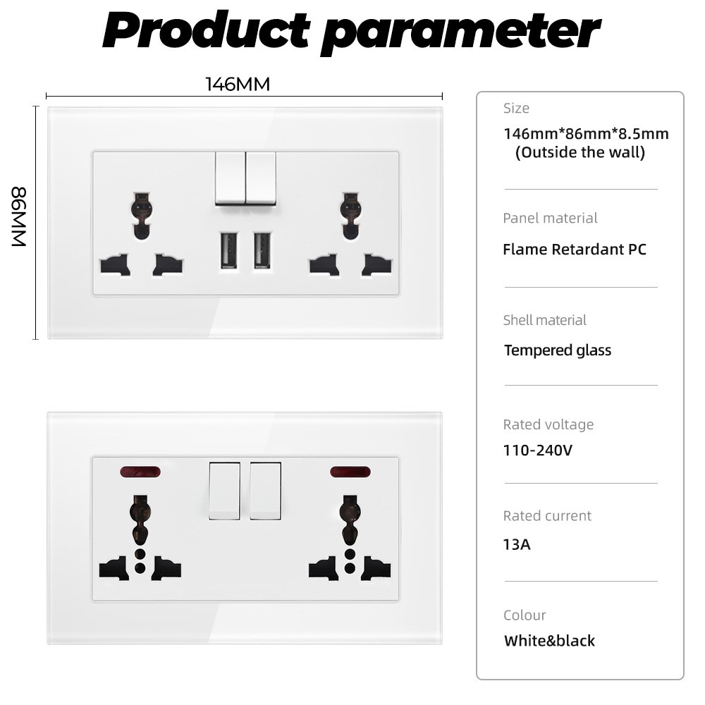 SMATRUL 13A American standard wall power plug socket switch tempered glass panel