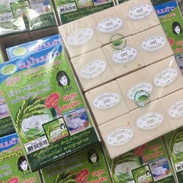 📣Lốc 12 bánh xà phòng cám gạo RICE MILK SOAP JAM 65g Thái Lan 🇹🇭 xà bông sữa, tinh chất gạo trắng sáng da