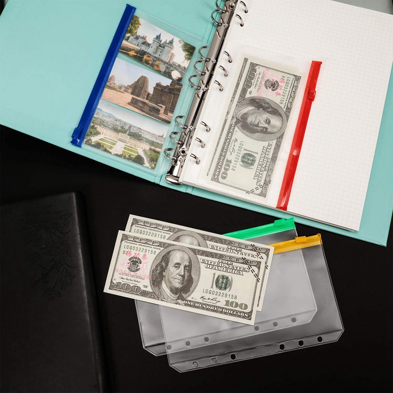 Bìa A6 đóng gáy 6 còng và 12 túi đựng bằng nhựa đầy màu sắc có dây kéo cầm tay