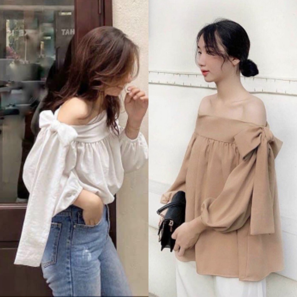 Áo trễ vai buộc nơ Madela chất đũi Hàn, Áo Kiểu Nữ Tay Nơ