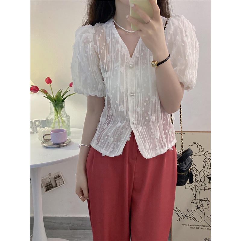 Áo Sơ Mi Tay Phồng Cổ Chữ V Thêu Họa Tiết Hoa Phong Cách Hàn Quốc Thời Trang Cho Nữ