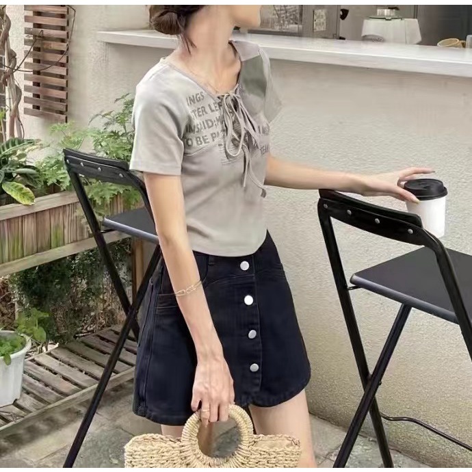 Áo thun BH cotton tay ngắn cổ chữ V phối dây in họa tiết phong cách retro Hàn Quốc 2022 cho nữ