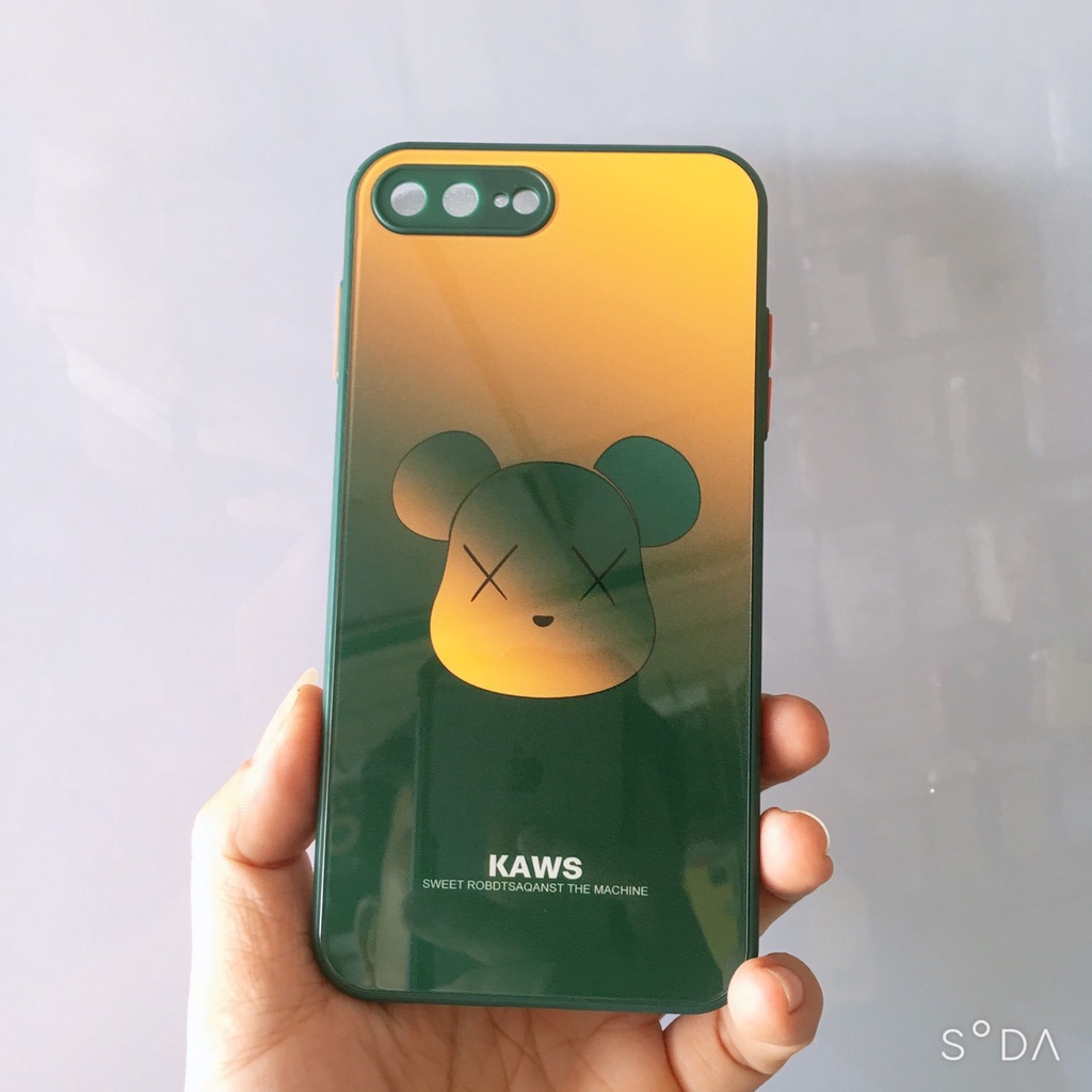 Ốp lưng kính viền vuông Gấu Kaws, phím bấm màu iPhone 6.6s/6Plus/7/8/7Plus/8Plus/ Xs Max