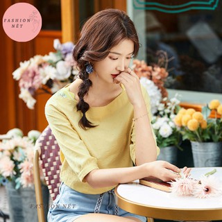 Áo sơ mi nữ tay lỡ cổ thuyền thời trang phối thêu họa tiết hai bên vai - màu vàng
