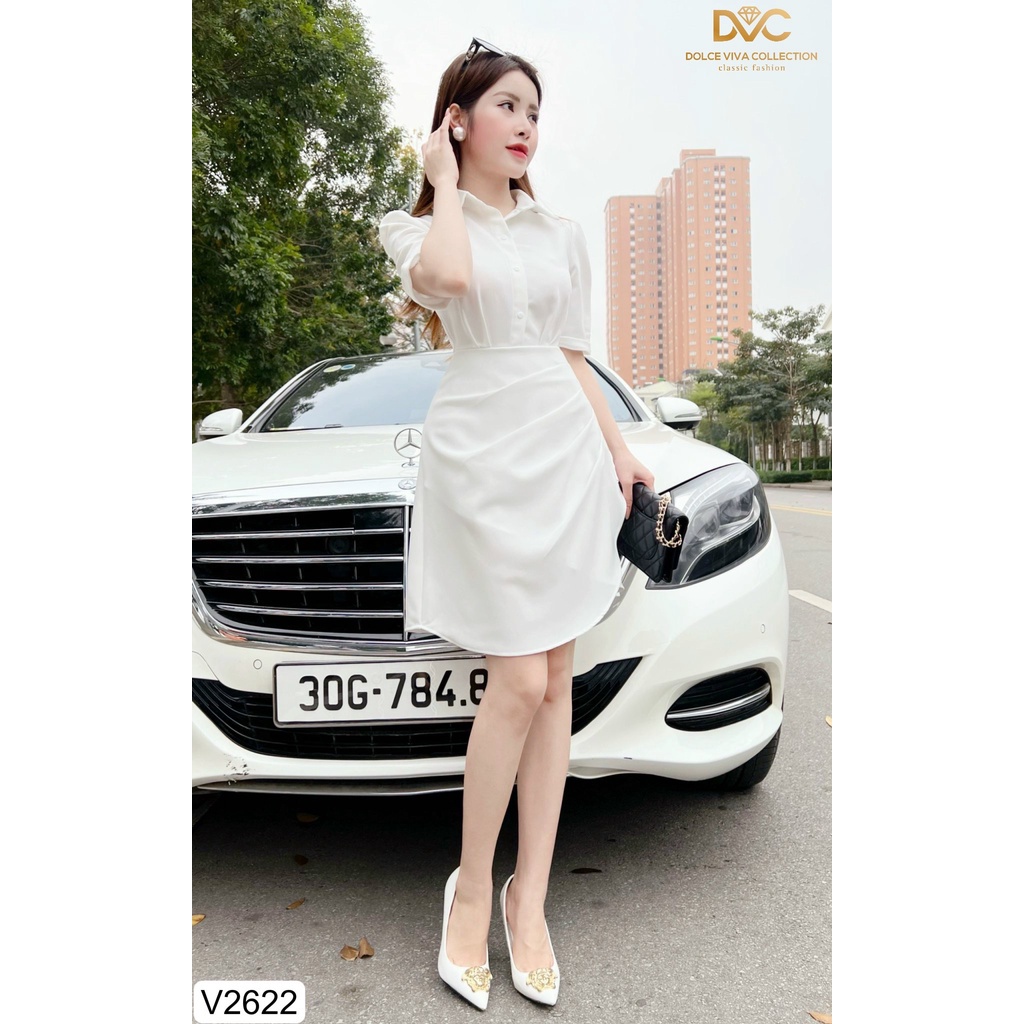 (KÈM VIEO VÀ ẢNH TRẢI SÀN) VÁY KATE SƠ MI TRẮNG XÒE NHÚN BỤNG V2622 - DOLCE VIVA COLLECTION VAY-BIGTREESTORE