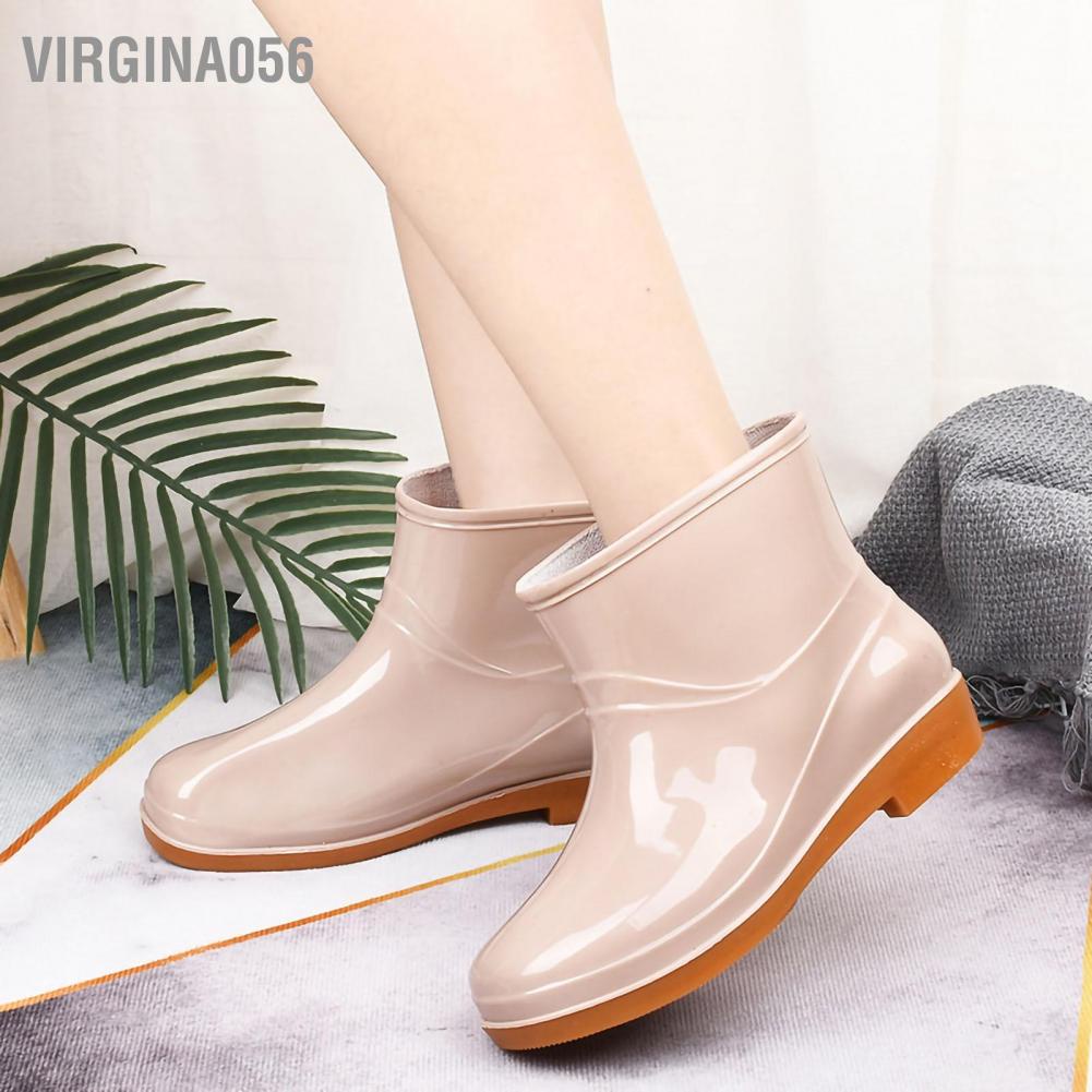 Virgina056 Giày đi mưa cho phụ nữ Thời trang chống trơn trượt ngắn Đầu tròn Radian PVC ủng bằng nhựa