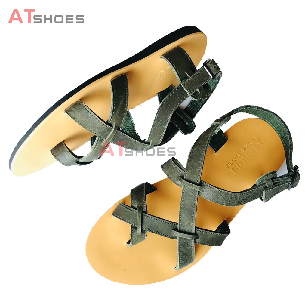 Dép Da Nam Nữ Cao Cấp Da Bò Thật Dép Sandal Unisex Hàng Thiết Kế Trẻ Trung Atshoes ATXD31 (Rêu)