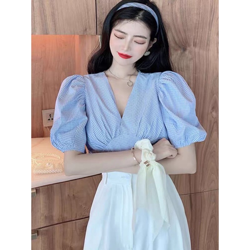 Áo sơ mi caro nhún ngực,tay bồng