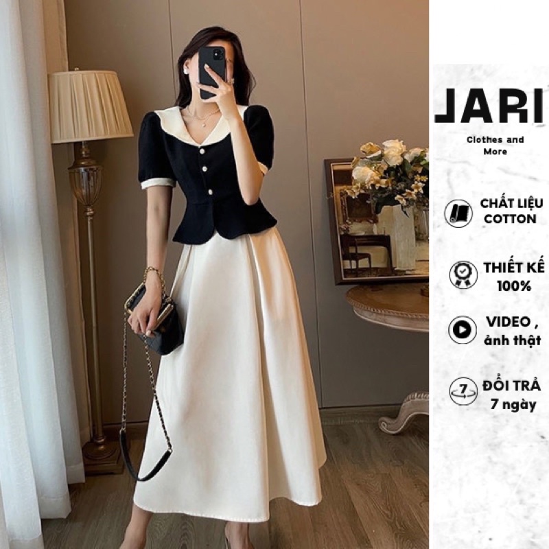 Sét Áo Chân Váy Dài JARI-CLOTHES Sang Trọng Tay Ngắn Nút Cổ Cánh Tiên