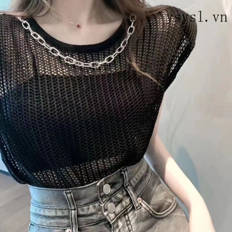 Áo Thun Dệt Kim Mỏng Không Tay Dáng Rộng Phong Cách Thời Trang Mùa Hè Hàng Mới 2022 Dành Cho Bạn Nữ