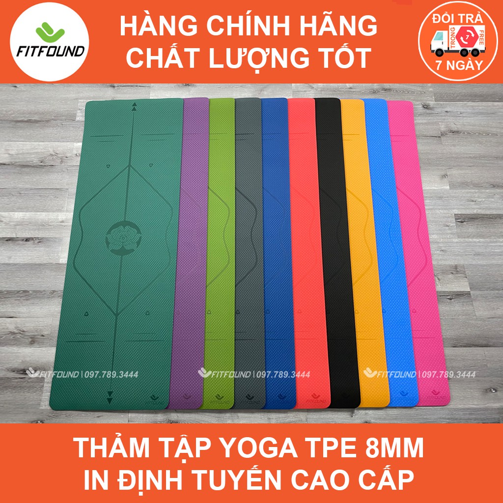 Thảm Tập Yoga Gym TPE 8MM Định Tuyến Cao cấp Siêu bền Chống trơn trượt Fitfound Tặng Dây buộc tập thể dục tại nhà