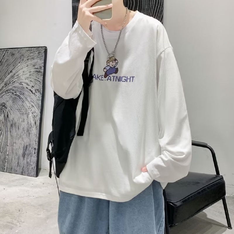 Áo Thun Tay Dài Cổ Tròn Dáng Rộng In Họa Tiết Hoạt Hình Phong Cách Hip Hop Hàn Quốc Thời Trang Cho Nam M-5XL