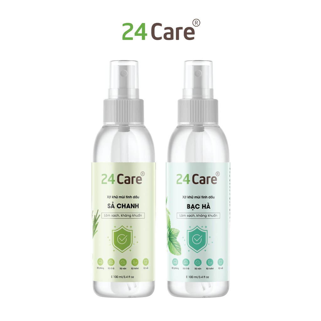 Combo 2 Xịt kháng khuẩn 24Care tinh dầu sả chanh, bạc hà 100ml - Tặng 10 khẩu trang