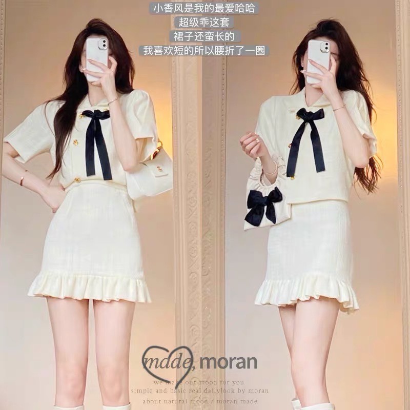 : Set line VINGTAGE  chất dạ mịn mát cổ nơ mix chân váy chữ A kèm ảnh thật trải sàn
