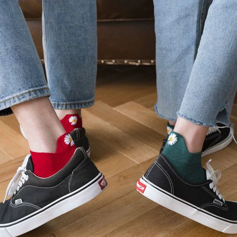Tất cotton cổ ngắn gót thêu hoa cúc Tất vớ thấp cổ vintage hàn quốc