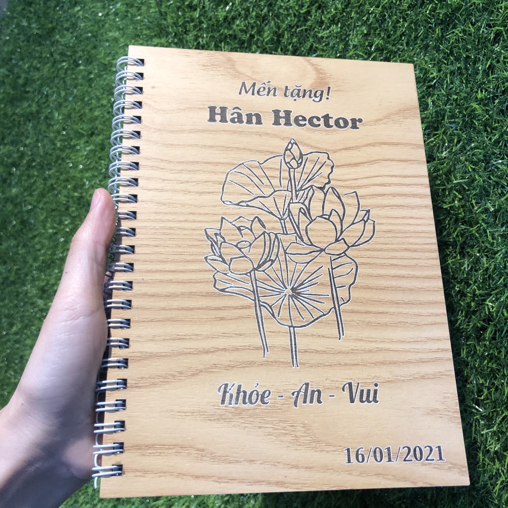 Quà tặng sinh nhật ý nghĩa sổ tay bìa gỗ khắc theo yêu cầu_ sổ tay khắc hình Hoa sen