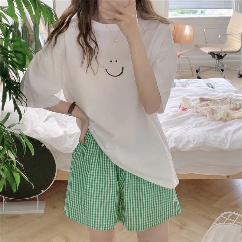 Set Mặt Cười Short Caro Xanh Nữ  🌸 Bộ ngủ áo thun trắng quần sooc đùi kẻ form rộng Ulzzang 🌸