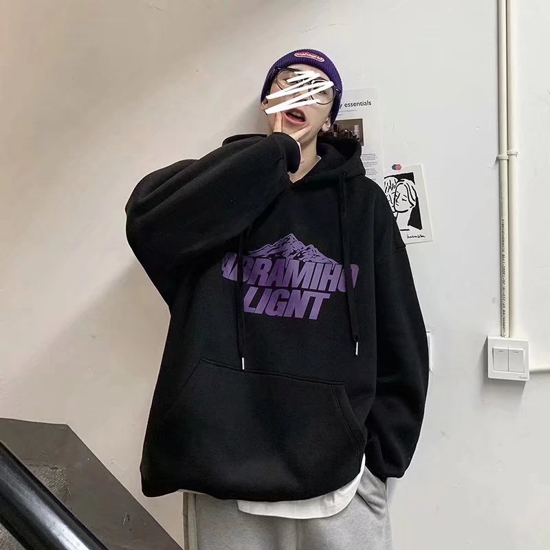 Áo hoodie dài tay dáng rộng màu trơn họa tiết hoạt hình thời trang Thu Đông cho nam