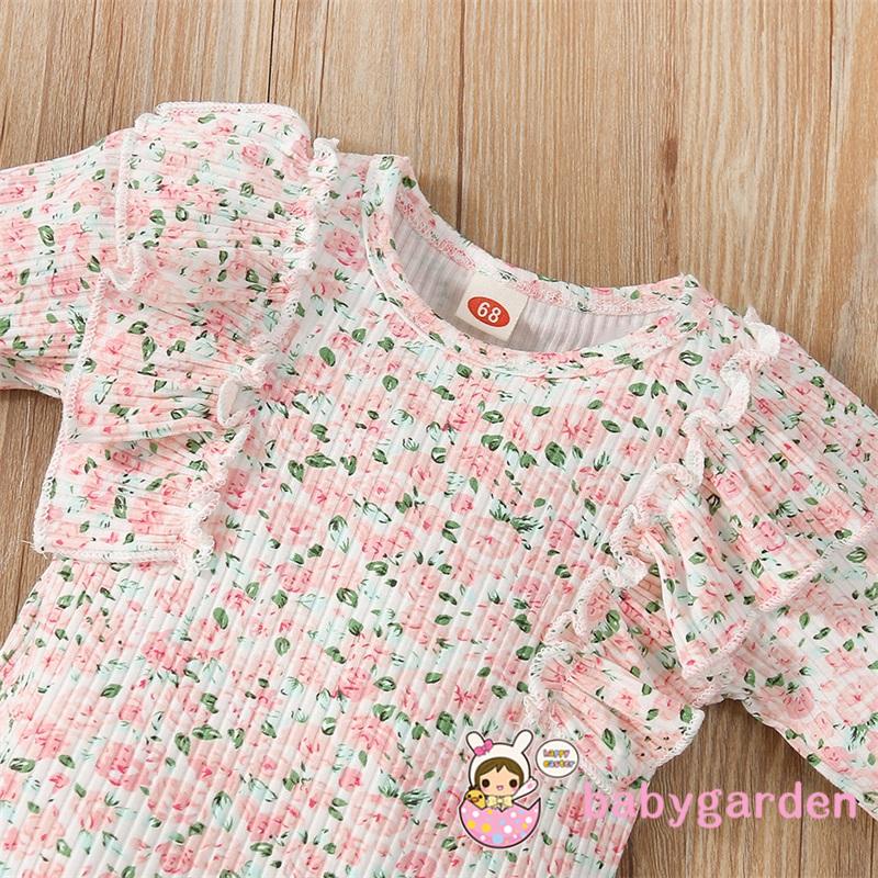 Set đồ 3 món áo liền thân tay dài phối bèo + quần dài ống loe in hoa + băng đô thời trang mùa thu cho bé gái