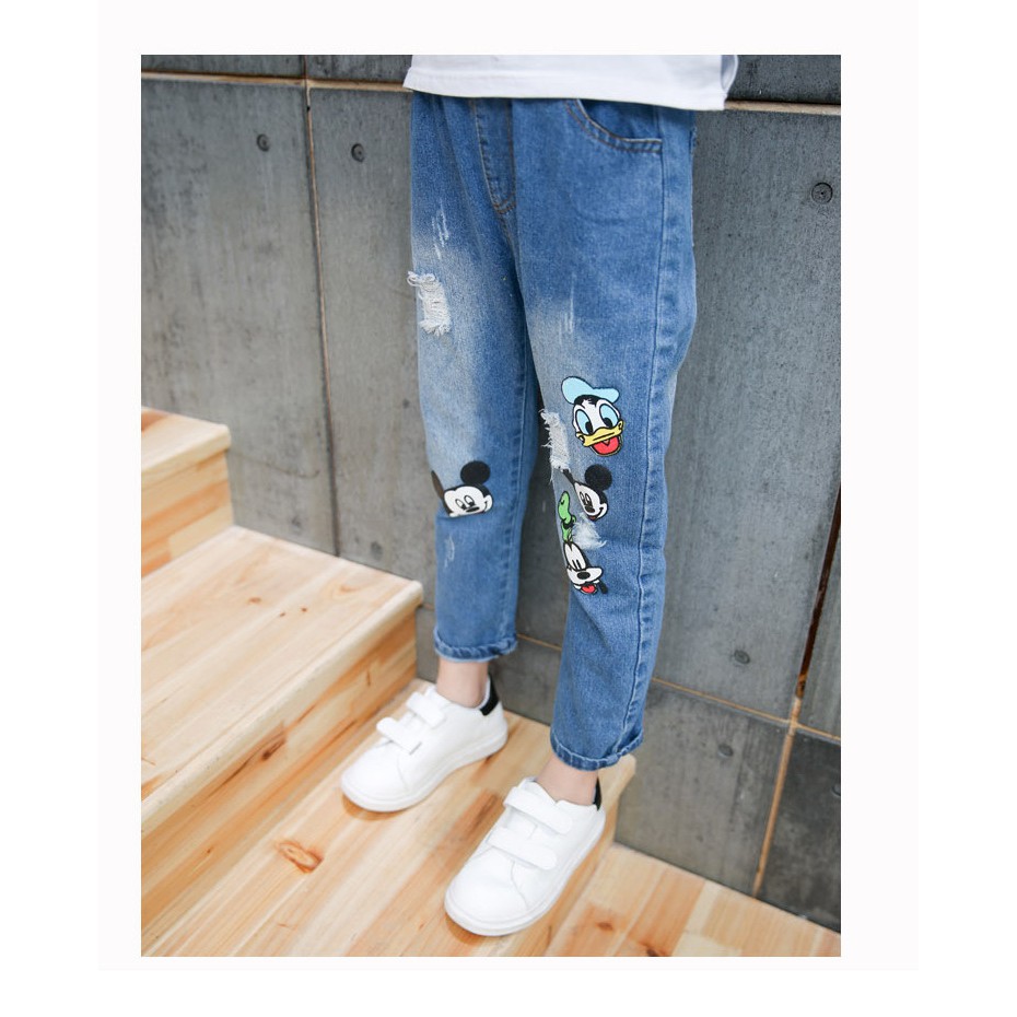 Quần Jeans Thêu Hình Chuột Mickey Thời Trang Cho Bé 3-12 Tuổi