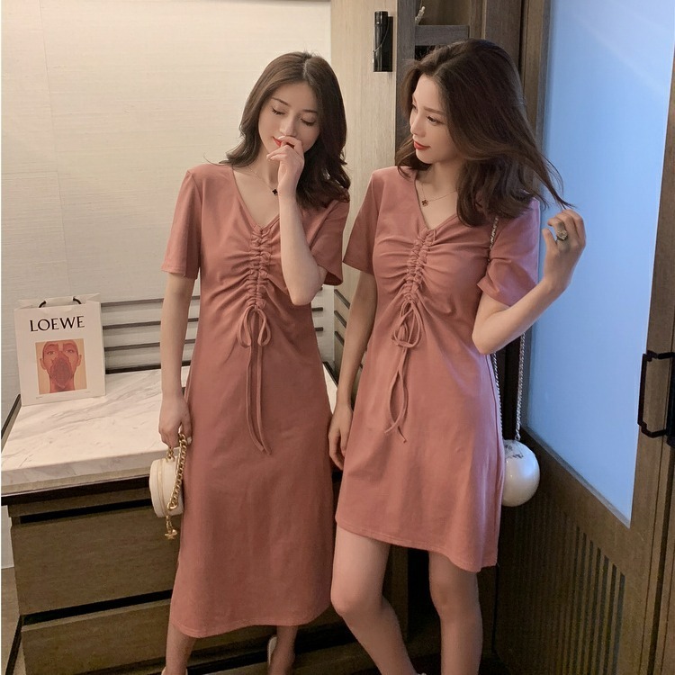 New Snapping up&Girlfriends Decoration BodyVCollar Mid-Length Student Dress Summer New Korean Style Slimming and All-MatchingTT-shirt Skirt- | BigBuy360 - bigbuy360.vn