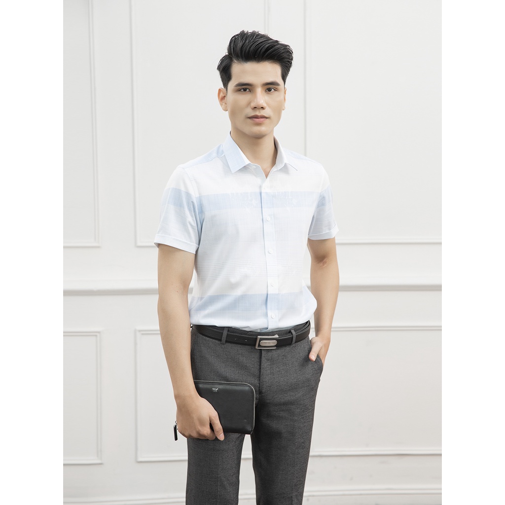 Áo sơ mi nam ngắn tay ARISTINO họa tiết kẻ xanh trắng trẻ trung, thanh lịch -ASS043S1