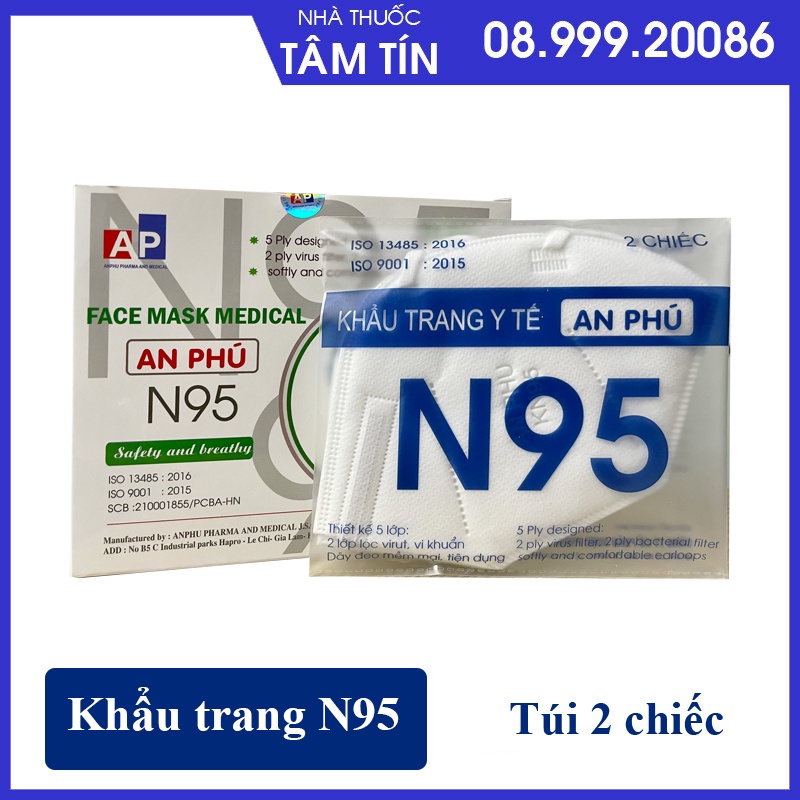 [ CHÍNH HÃNG ]Khẩu Trang N95 An Phú -Túi 2 cái - Khẩu Trang Y Tế Kháng Khuẩn 5 Lớp màng lọc khuẩn, chống bụi mịn, ôm khí