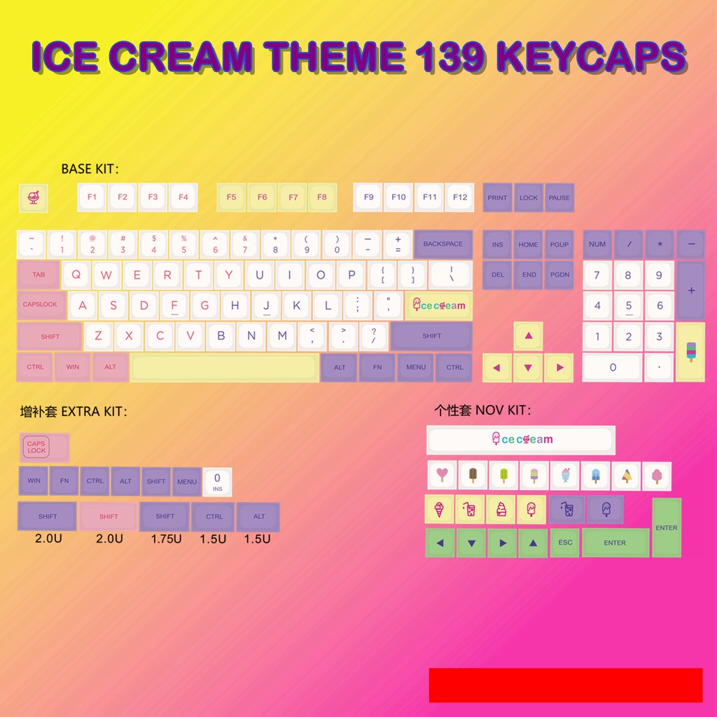 Keycap Ice Cream Cho Bàn Phím Cơ Chất Liệu Thick PBT XDA Profile In Dyesub 139 Phím | Gearbros