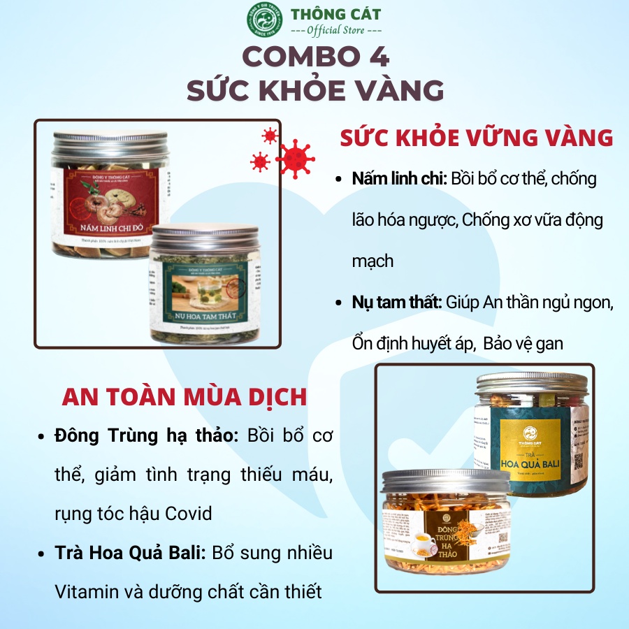 Combo tăng cường sức khỏe mùa dịch Thông Cát - Xuyên tâm liên, Đông trùng hạ thảo, tăng sức đề kháng, bồi bổ sức khỏe