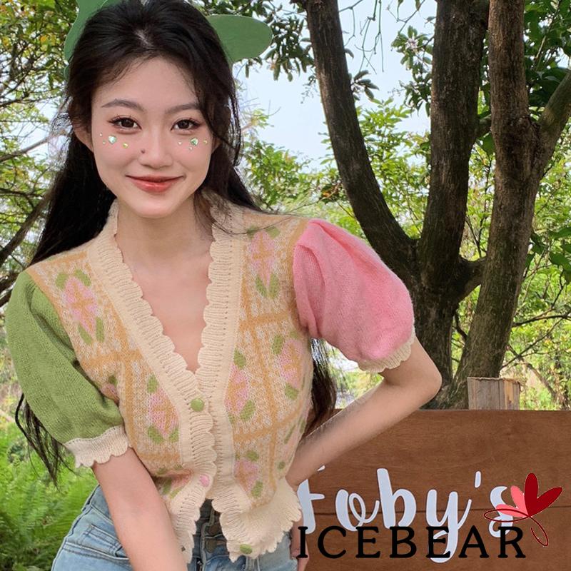 Áo Cardigan Dệt Kim Tay Ngắn Cổ Chữ V Cài Nút Màu Sắc Tương Phản Phong Cách Vintage Dành Cho Nữ