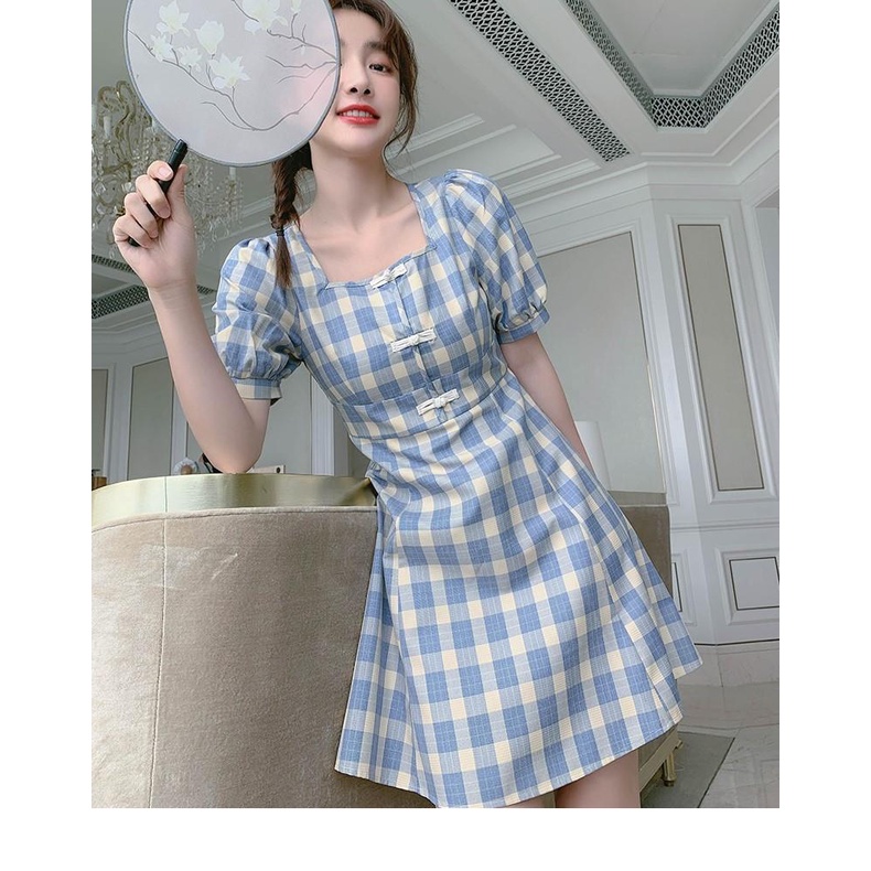 Đầm Chữ A Cổ Vuông Tay Phồng Họa Tiết Kẻ Sọc Xanh Dương Phong Cách Cổ Điển Thời Trang Cho Nữ