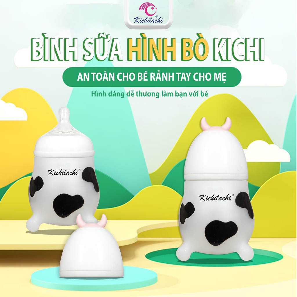  Bình sữa hình bò Kichilachi núm ti silicon siêu mềm cho bé 180ml/ 240ml