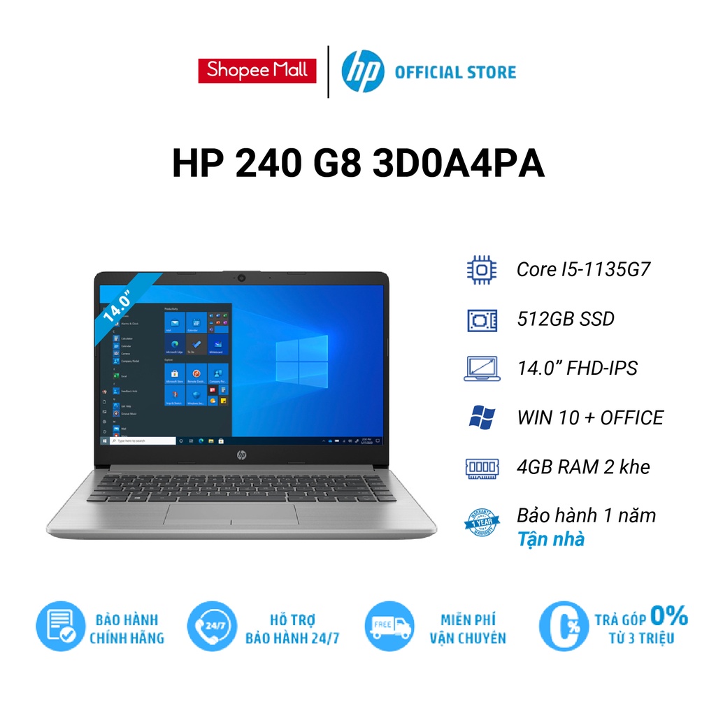 [Mã ELHP15 giảm 10% ] (NB) HP 240 G8/ i5-1135G7/ 4GD4/ 512GSSD/ 14.0HD/WLAC/BT4.2/3C41WHr/BẠC/W10SL