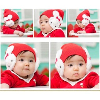 Mũ len đỏ tai thỏ trắng cho bé