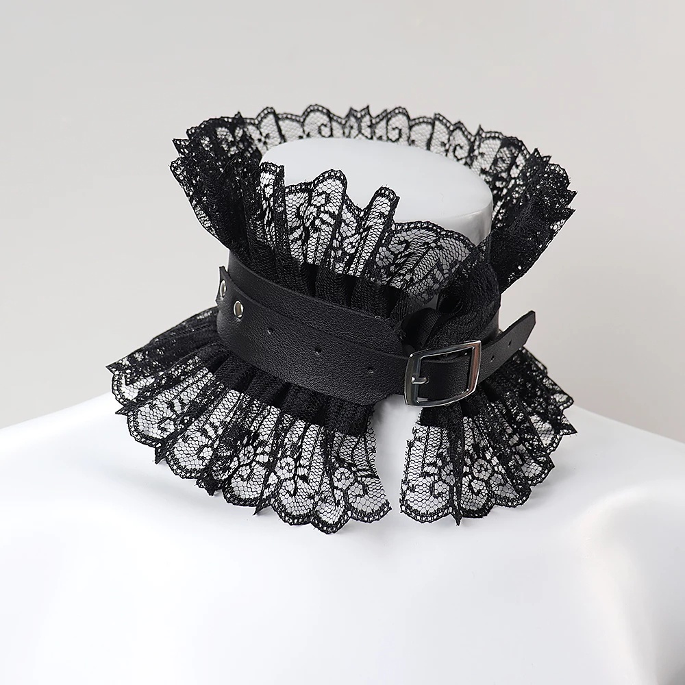 Vòng Cổ Choker Bằng Da Đen Phối Ren Phong Cách Gothic Cổ Điển