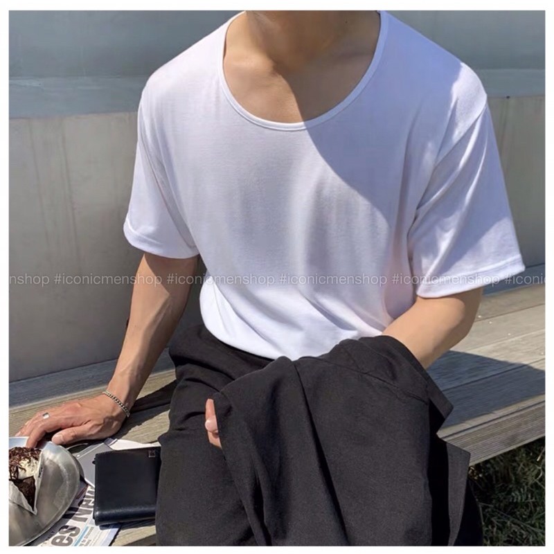 Áo thun nam trơn cổ rộng vải cotton 4 chiều ,form rộng