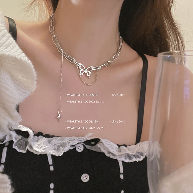 Vòng cổ Tua Rua Mạ Bạc Y2K Mặt Hình Bướm/Chữ Thập Cho Nữ