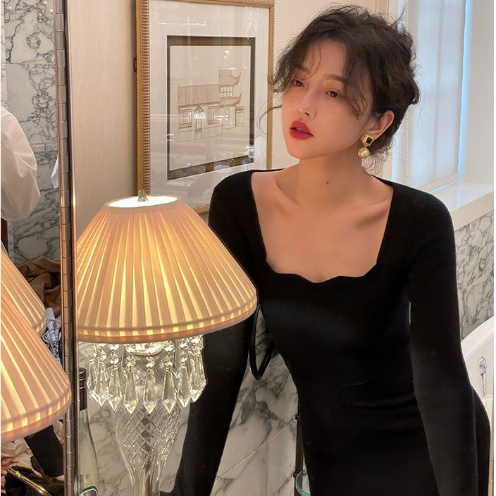 Sản Phẩm mới mùa thu!F &amp; X Đầm Dệt Kim Dáng Dài Ôm Eo Cao Thời Trang Thu Đông 2022 Phong Cách Hepburn Pháp Cao Cấp