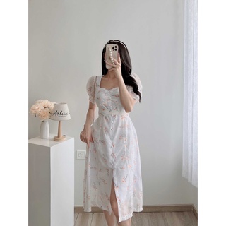 Váy đầm cổ vuông tim nhún ngực , đầm hoa thô thêu, thoáng mát, thời trang cho nữ