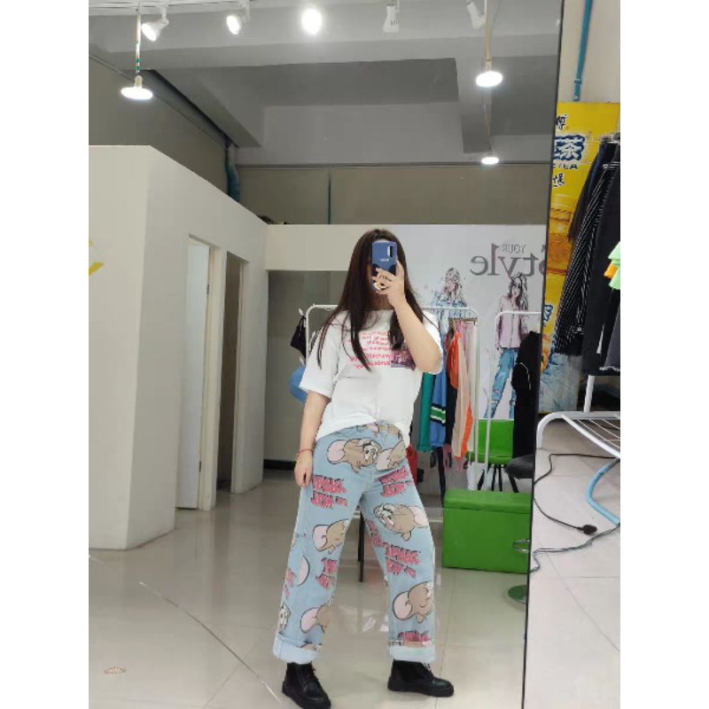 (Đen M)ORDER_Q50 Quần Jeans In Mickey Ulzzang Big Size