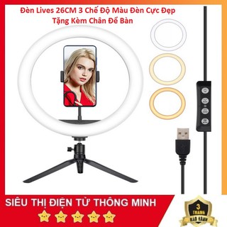 Đèn 26cm, Đèn LiveStream size 26cm, Tặng Tripod Để Bàn Có Kẹp Điện Thoại - 3 Chế Độ Màu Đèn Cực Đẹp