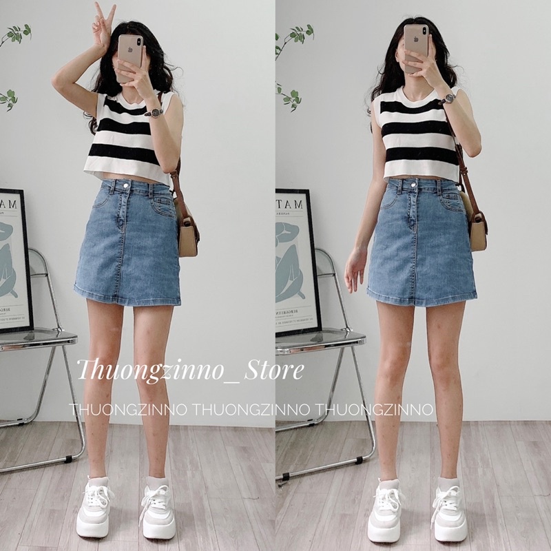 [Ảnh thật/Video]Chân váy jean ngắn co dãn có lót trong Chán váy bò jummy may gấu hàng đẹp form chuẩn Hàn Quốc