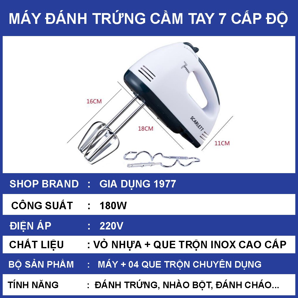 Máy đánh trứng cầm tay mini cao cấp 7 cấp độ công suất 180w chính hãng bảo hành 12 tháng